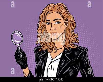 Agente detective donna con lente d'ingrandimento, vettore pop art Illustrazione Vettoriale