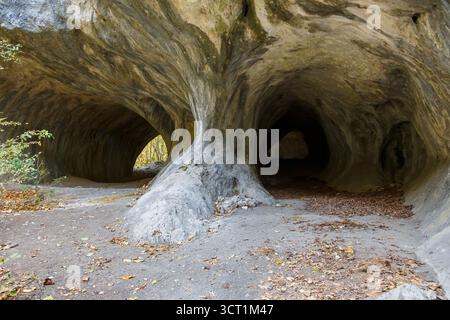 Vista autunnale di un ingresso alla grotta. Sembrano due occhi ... Foto Stock