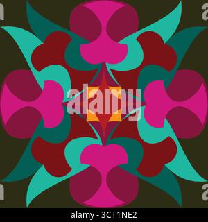 Questo motivo vettoriale senza cuciture mostra forme astratte di mandala floreali in rosa, rosso intenso, verde verde verde verde turbolento e arancione su una foglia di oliva scura Illustrazione Vettoriale