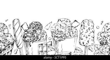 Gelateria a base di pollo lolly, gelato alla menta con scaglie di cioccolato e noci con glassa di cacao, gocciolatoio di sciroppo nel cono per cialde e tazza di carta, disegnata a mano Illustrazione Vettoriale