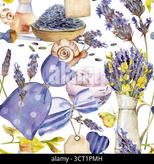 Lavanda, bouquet di scopa spagnola in vaso vintage, sacchetti in bustina, flaconcino di olio essenziale con contagocce, cumulo di semi in recipiente di argilla, cuori rustici ed etichette, mano Foto Stock
