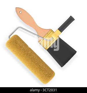 Rullo per pittura e pennello a setole nere con manici isolati su sfondo bianco con percorso di ritaglio, che rappresenta strumenti di pittura e ristrutturazione Foto Stock