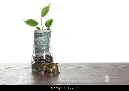 Vaso di vetro con dollari, germogli e monete su un tavolo di legno su sfondo bianco Foto Stock