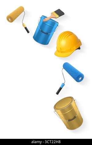 Assortimento di pennelli, rulli, lattine e vernici spray isolate su fondo bianco, verniciatura e concetto di ristrutturazione Foto Stock