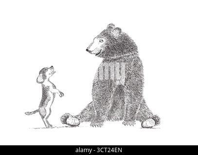 Illustrazione di un orso e di un cane che si guardano e sorridono, sono amici. Disegnato con la penna fineliner e in nero. Foto Stock