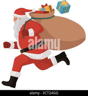 Babbo Natale veloce e felice che corre e porta con sé un sacco pieno di regali di Natale, isolato su sfondo bianco Illustrazione Vettoriale