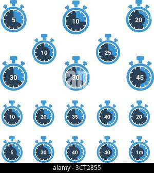 Orologio timer, cronometro, icone con orario diverso. Icona timer conto alla rovescia impostata. Orologio sportivo con significato orario. Etichettare i simboli di cottura. Cronometro Illustrazione Vettoriale