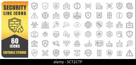 Set vettore icone linea di sicurezza. Una raccolta di 60 icone di traccia modificabili in linea sottile che rappresentano sicurezza, privacy, protezione, blocchi, avvisi, e Shield Illustrazione Vettoriale