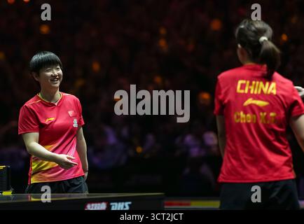 Pechino, Cina. 4 ottobre 2025. Sun Yingsha reagisce dopo il match di semifinale femminile tra Sun Yingsha della Cina e Chen Xingtong della Cina al 2025 World Table Tennis (WTT) China Smash a Pechino, Cina, 4 ottobre 2025. Crediti: Sun Fei/Xinhua/Alamy Live News Foto Stock