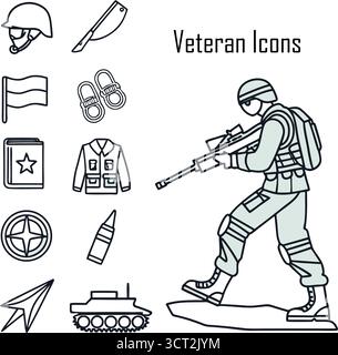 Orgoglioso veterano militare che indossa uniformi e medaglie all'aperto, simbolo di onore, coraggio e patriottismo Illustrazione Vettoriale