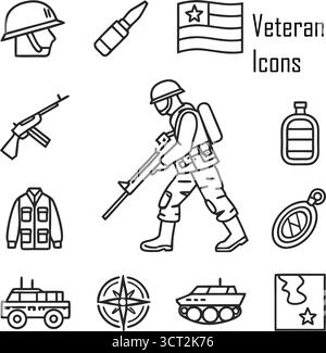 Orgoglioso veterano militare che indossa uniformi e medaglie all'aperto, simbolo di onore, coraggio e patriottismo Illustrazione Vettoriale