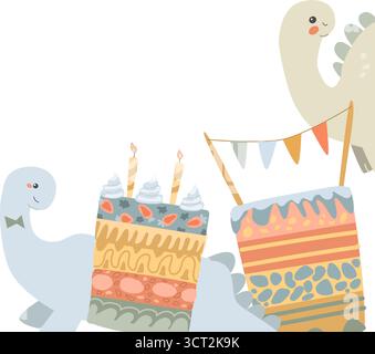 Festeggiamenti di compleanno colorati a tema dinosauro con torta e decorazioni. Illustrazione Vettoriale