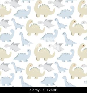 Carino modello di dinosauro: Dinosauri cartoni animati in colori pastello su sfondo nero. Illustrazione Vettoriale