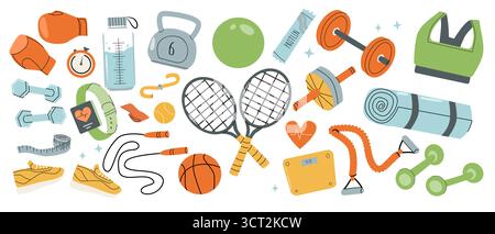 Attrezzature per lo sport e il fitness, set vettoriale, palestra e accessori per l'allenamento, tra cui manubri, barbell, tappetino per yoga, palla, scarpe da ginnastica e tennis. Cartoni animati flat il Illustrazione Vettoriale