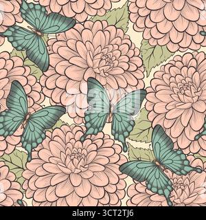 sfondo senza interruzioni con farfalle e dahlia Illustrazione Vettoriale