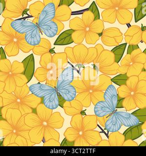 Splendido sfondo senza interruzioni con rami di alberi fioriti e farfalle Illustrazione Vettoriale