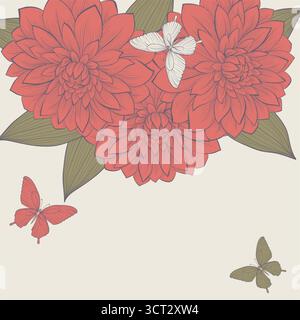 bellissimo sfondo con fiori dahlia e farfalle Illustrazione Vettoriale