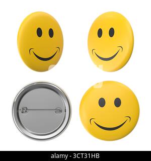 Perno pulsante faccia sorridente Imposta le viste frontale, angolo, posteriore e prospettiva Foto Stock