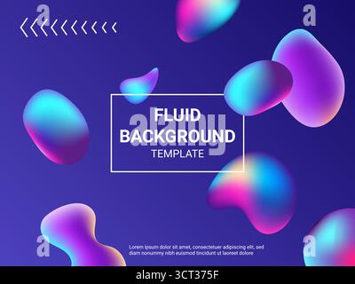 striscione liquido 3d. Fondo fluido, bolle viola, blob astratto, gradiente di vernice fluttuante. Palline colorate. Futuristico design artistico minimalista alla moda. Coperchio del notebook. Illustrazione isolata vettoriale Illustrazione Vettoriale