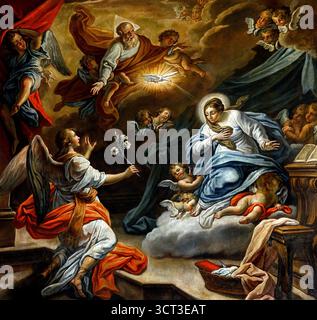 Annunciazione, raffigurante l'Arcangelo Gabriele che appare alla Vergine Maria con Dio padre e lo Spirito Santo sopra, situata nel Santuario della Madonna della Costa a Sanremo, Liguria, Italia. Pittura ad olio barocca del XVII secolo Foto Stock