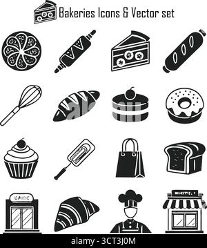 Set vettoriale con icone per prodotti da forno: Pane, torta, pasticceria, utensili da forno Illustrazione Vettoriale