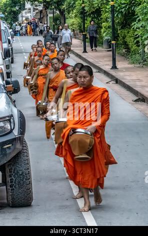 Monaci che raccolgono elemosine all'alba, Luang Prabang, Laos. Settembre 2023 Foto Stock