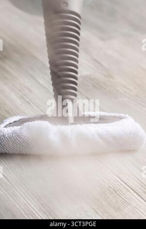 Pulizia a vapore del pavimento in laminato grigio con un pulitore a vapore. Concetto di lavoro domestico. Foto Stock
