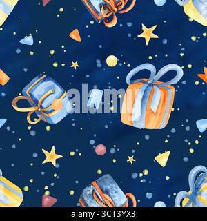 Motivo festivo senza cuciture con confezione regalo, coriandoli, bandiere e schizzi di acquerello. Illustrazione luminosa arte allegra isolata dallo sfondo. Per il compleanno Foto Stock