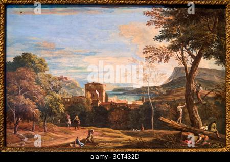 MARCO RICCI (Belluno, 1676 - Venezia, 1730), paesaggio con boscaioli e cavalieri, paesaggio con taglialegna e signori, secondo-terzo decennio del Foto Stock