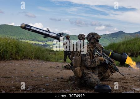 US Marines con 12th Littoral Combat Team, 12th Marine Littoral Regiment, 3rd Marine Division, sparano l'FGM-148 Javelin durante Resolute Dragon 25 a. Foto Stock