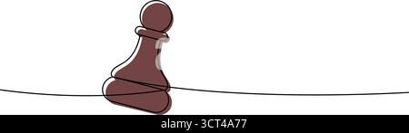 Contorno minimalista lineare di una pedina scacchiera marrone appoggiata su una linea, design astratto pulito di fondamenta e potenziale Illustrazione Vettoriale