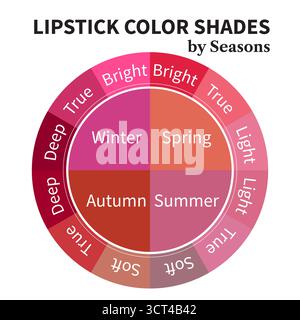 Rossetto per 16 tonalità di analisi del colore stagionali nelle tonalità rosa e rossa rossetto. Sottotipi estate, inverno, autunno e primavera. Illustrazione Vettoriale