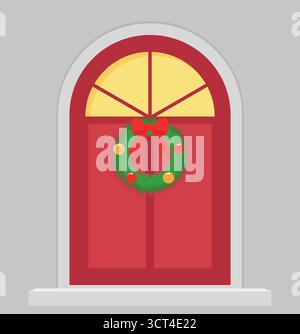 Una porta d'ingresso decorata con corona natalizia di rami di pino con palle colorate e un fiocco rosso. Immagine vettoriale. Illustrazione Vettoriale