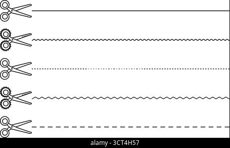Set di linee di taglio a forbice, eleganti e semplici cesoie lineari nere in vari stili e forme. Taglio di linee su pagine di carta, fascio monocromatico vettoriale Illustrazione Vettoriale