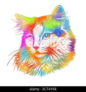 La faccia colorata del gatto. Disegnato a mano. Non ai, illustrazione vettoriale. Illustrazione Vettoriale