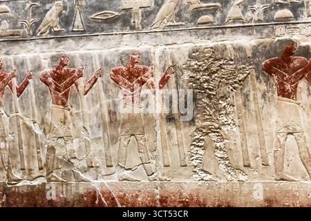 Geroglifici egiziani e disegni sulle pareti e colonne. Lingua egiziana, la vita delle antiche divinità e la gente in geroglifici e disegni Foto Stock