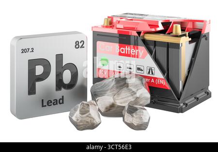 Cristalli di metallo al piombo, tabella periodica simbolo Pb e batteria per auto tagliata con piastre interne in piombo. Rendering 3D isolato su sfondo bianco Foto Stock
