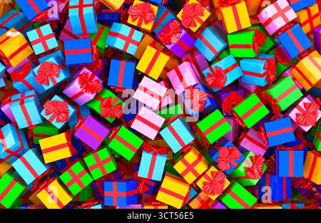 Scatole regalo vista dall'alto pile, sfondo. Rendering 3D. Foto Stock