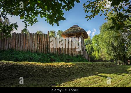 Porta fortificata ad anello ricostruita con torre di guardia e palizzata di legno alla luce del pomeriggio autunnale, Wexford, Irlanda. Foto Stock