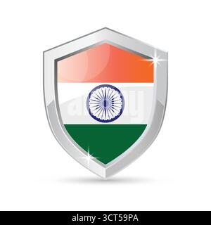 Logo con scudo bandiera indiana, emblema nazionale indiano, logo in metallo argento, illustrazione vettoriale Illustrazione Vettoriale