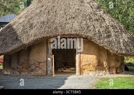 Vista dettagliata della muraglia ricostruita dell'insediamento vichingo con wattle di legno e fango, che mostra l'artigianato e il parco storico. Foto Stock