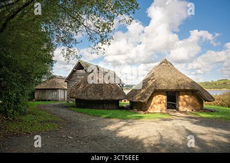 Vista a livello dell'occhio di un insediamento vichingo con case rotonde e case longhouse vicino al fiume, nel primo pomeriggio autunnale. Foto Stock