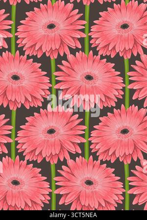 Splendido sfondo senza cuciture con fiore di gerbera rosa con stelo. Disegnato a mano Illustrazione Vettoriale