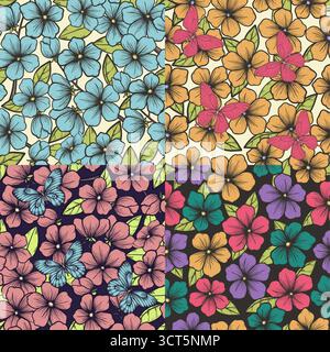 Set di bellissimi sfondi senza cuciture con fiori e foglie. Illustrazione Vettoriale