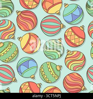 Splendido sfondo senza cuciture con decorazioni natalizie e palle appese Illustrazione Vettoriale