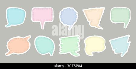 Colorate bolle di voce con toni pastello delicati. Forma rotonda, nuvola quadrata, rettangolo, forma a bollatura. I bordi degli adesivi di carta sono strappati. Finestra di dialogo, segno del messaggio, simbolo del discorso, icona della chat, cornice di pensiero astratta Illustrazione Vettoriale