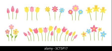 Set di fiori colorati. Fiori isolati separati forme diverse. Narcidio giallo, tulipano rosa, margherite camomilla. Fiore floreale di prato primaverile. Campo di erba da giardino. Pianta decorativa della natura Illustrazione Vettoriale