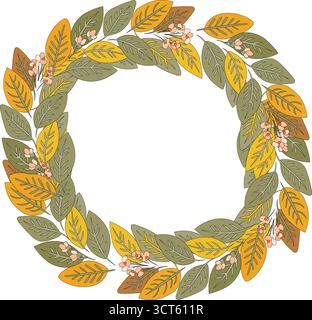 Illustrazione delle ghirlande con foglie di giallo e verde autunnale: Cornice per fogliame autunnale disegnata a mano per decorazioni stagionali, biglietti d'auguri e disegni botanici Illustrazione Vettoriale