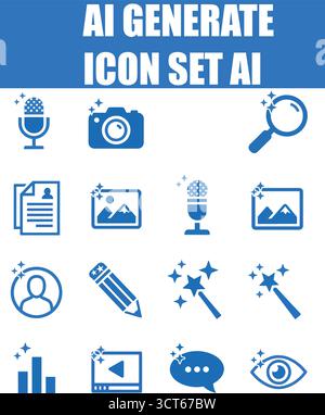 Set di icone generate DALL'INTELLIGENZA ARTIFICIALE - simboli di stelle scintillanti, strumenti di assistenza e pulsanti app per l'intelligenza artificiale Illustrazione Vettoriale