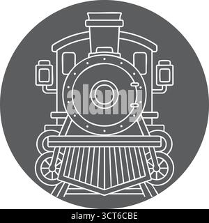 Un'audace visuale di un classico motore ferroviario con un ampio faro, un'area smokestack e una griglia incorniciati da un logo circolare Illustrazione Vettoriale